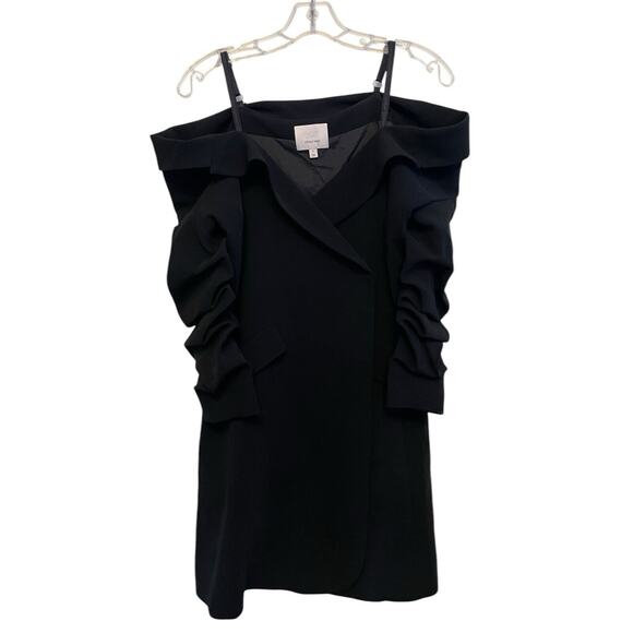 Cinq a Sept Simona‎ Tailored Mini Dress Size 0 Black Off Shoulder Ruched Sleeves - Picture 1 of 9